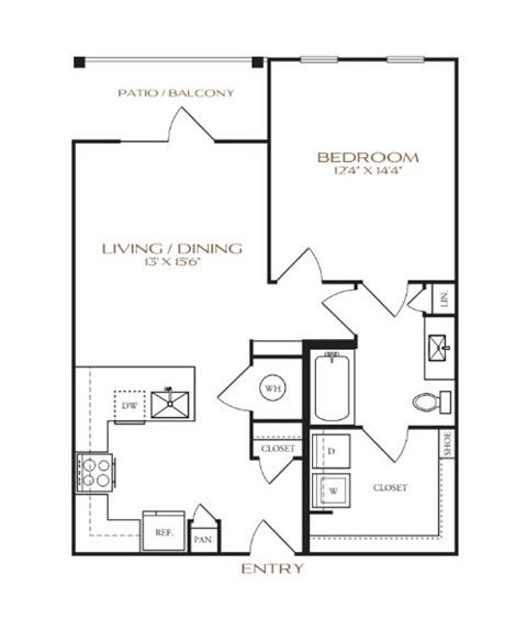 Floor plan for 1 bed, 1 bath, 741 sqft